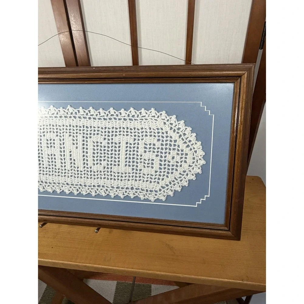 Framed Vintage Filet Crocheted Doily Spelling The Name FRANCIS 22x10